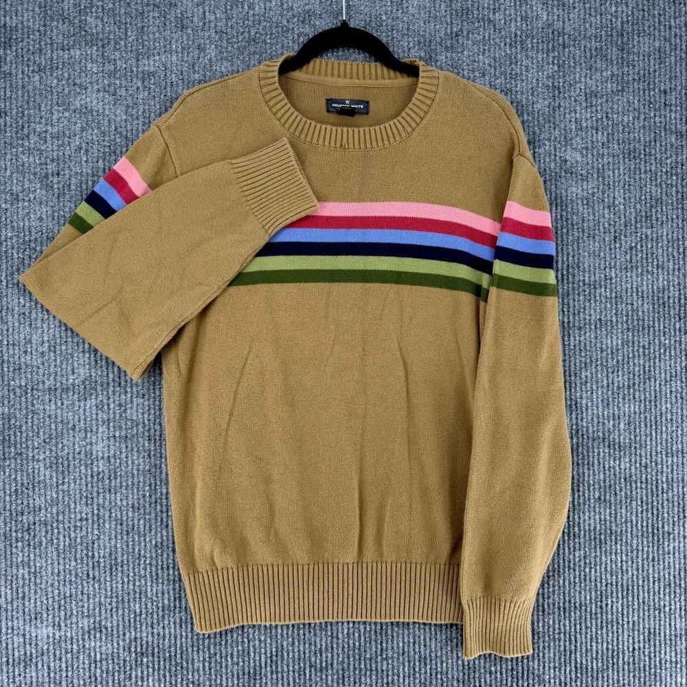 Houston White striped crewneck sweater ribbed cuffs pullover woven brown medium